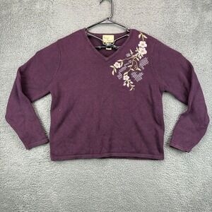 United Apparel Womens V Neck Purple Floral Embroidered Sweater Size L